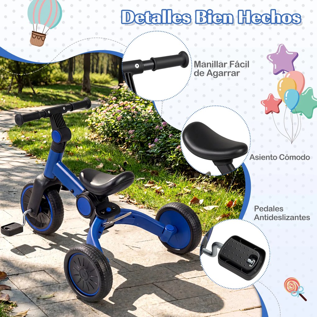Triciclo Infantil 5 em 1, 66 x 48,5 x 51,5 cm, Pedais Removíveis, Azul-escuro