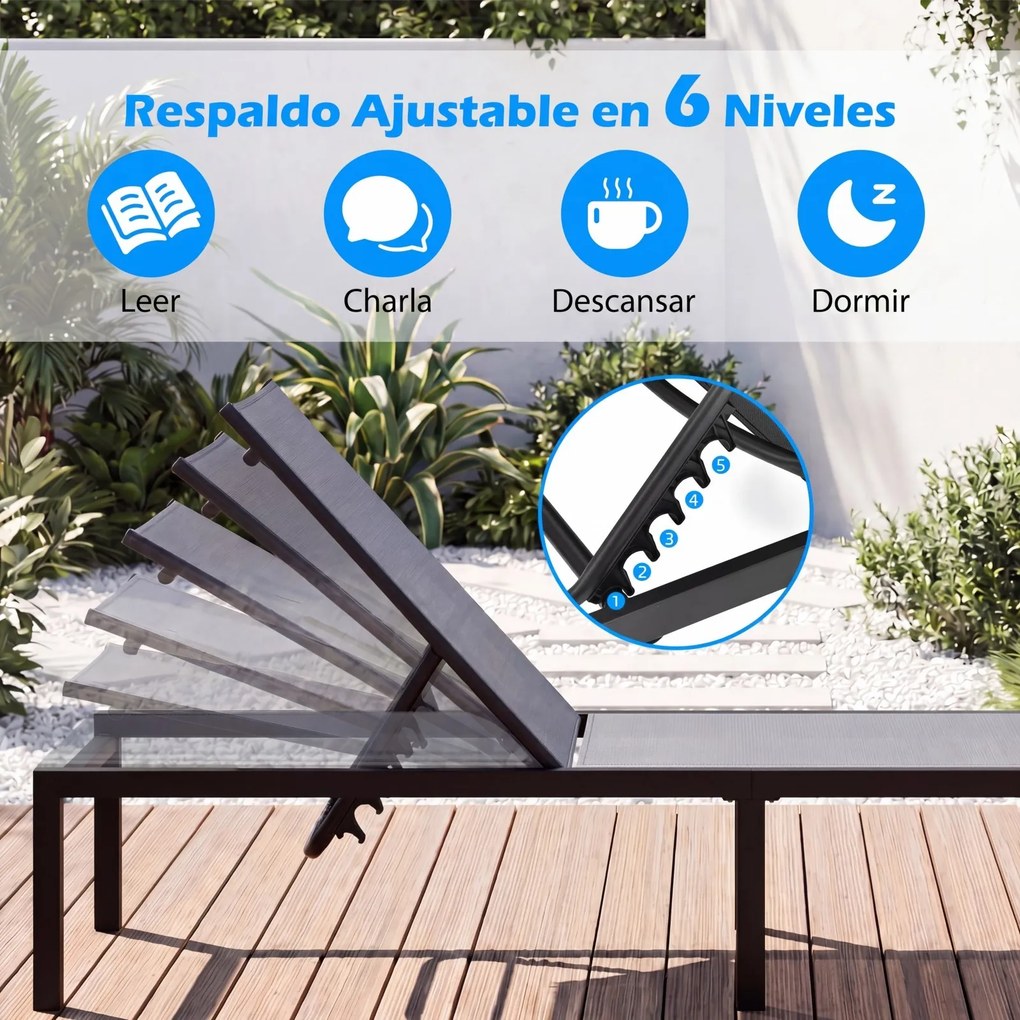 Conjunto de 2 Espreguiçadeiras de Exterior, 64 x 198 x 67-103 cm, Encosto Ajustável em 6 Níveis, Cinzento