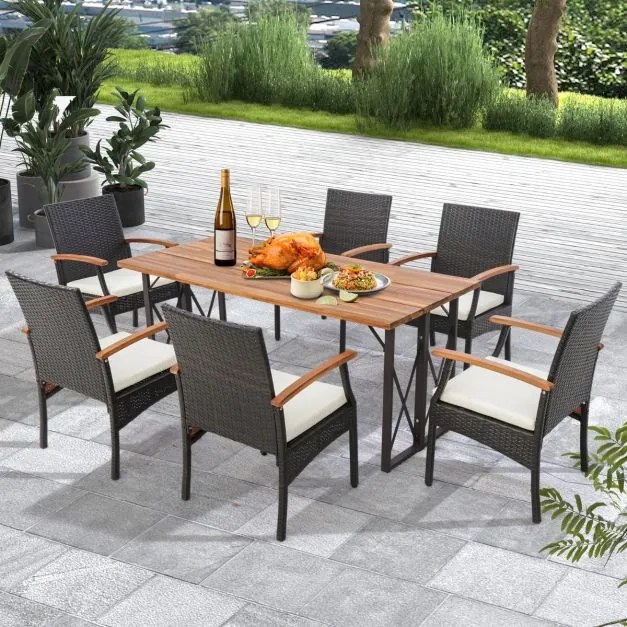 Conjunto de 2 cadeiras de jardim de vime com braços Almofada para exterior de rattan Estrutura metálica Poltronas Pátio Varanda Terraço Castanho misto
