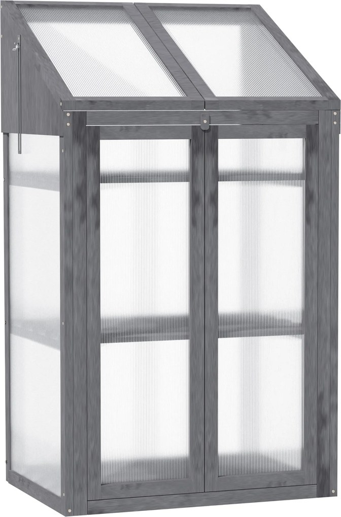 Outsunny Mini estufa, pequena estufa com estrutura de madeira, janela e porta dupla, 3 prateleiras, 70L x 50B x 120H cm, Cinza | Aosom Portugal