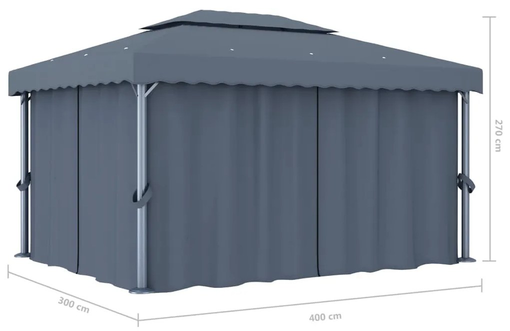 Gazebo com cortinas e cordões de luzes LED 4x3 m antracite