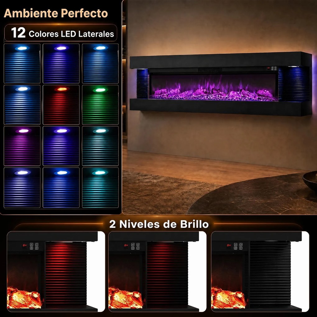 Lareira Elétrica de Parede com Vista de Três Lados, 152,4 x 20,6 x 41,8 cm, Controlo por Wi-Fi, Preto
