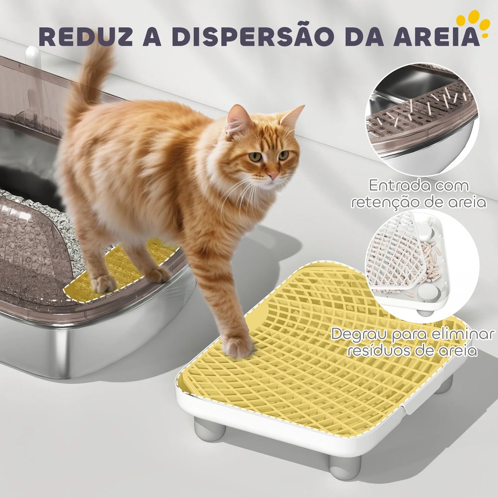 Caixa de Areia para Gatos Fechada com Bandeja em Aço Inoxidável Bordas Altas Pá e Degrau para Gatos Grandes 53x42x27 cm Cinzento
