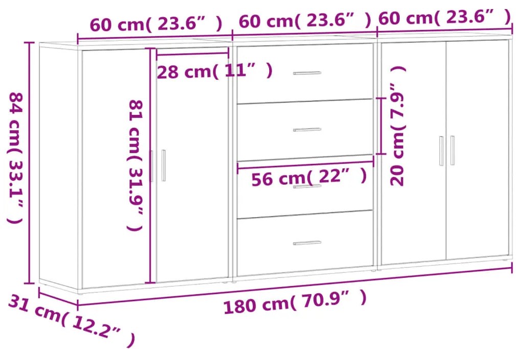 Aparadores 3 pcs 60x31x84 cm derivados de madeira branco