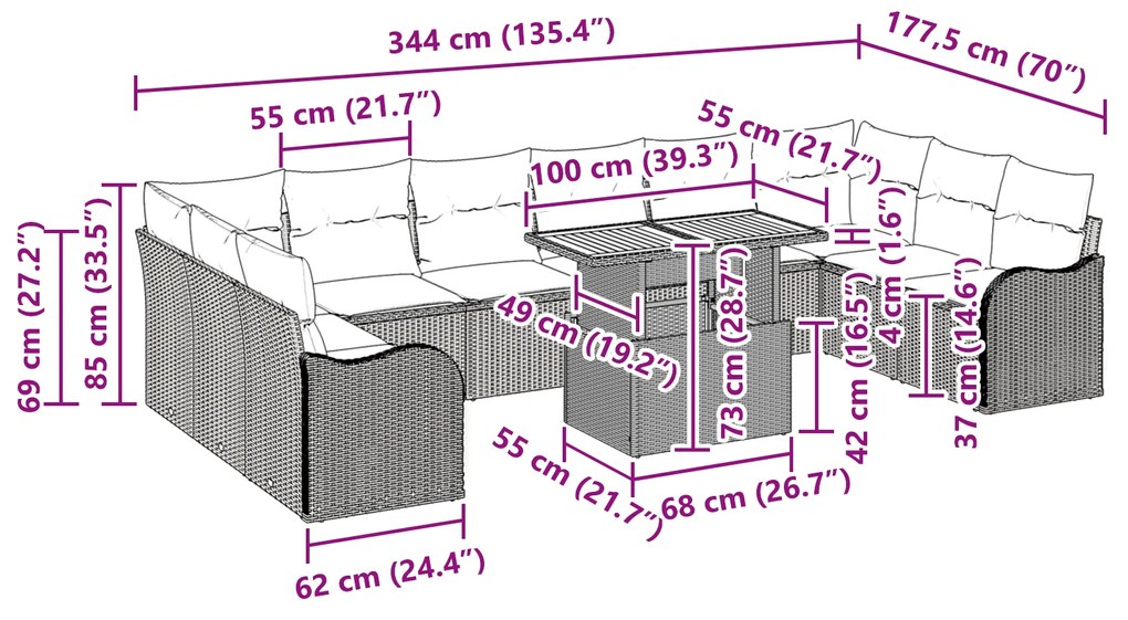 Conjunto de Sofás de Jardim de 11 Peças com Almofadas Bege Polirattan