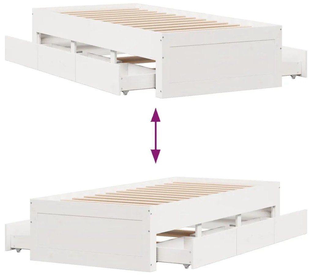 Cama sem colchão com gavetas 75x190 cm pinho maciço branco