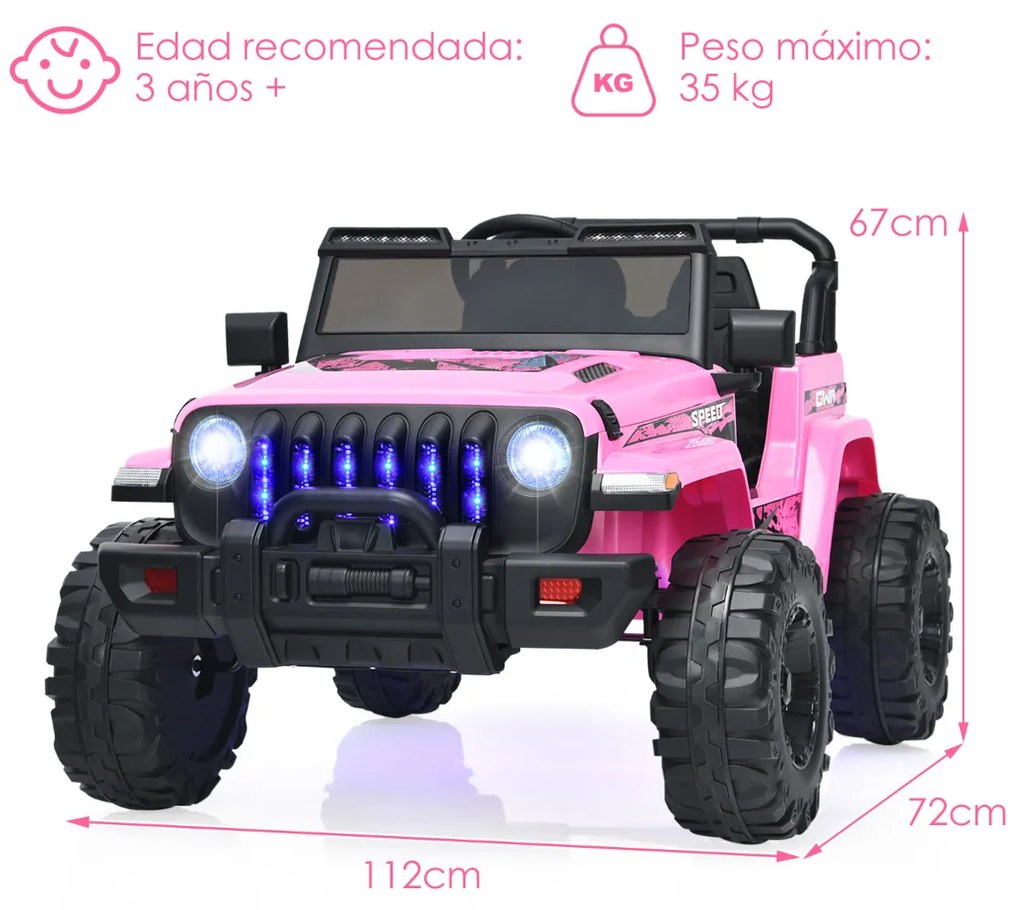 Carro Elétrico para Crianças 12V 2 Lugares Velocidade Ajustável Todo-o-Terreno com Controlo Remoto 2.4G Música Luzes USB Rosa