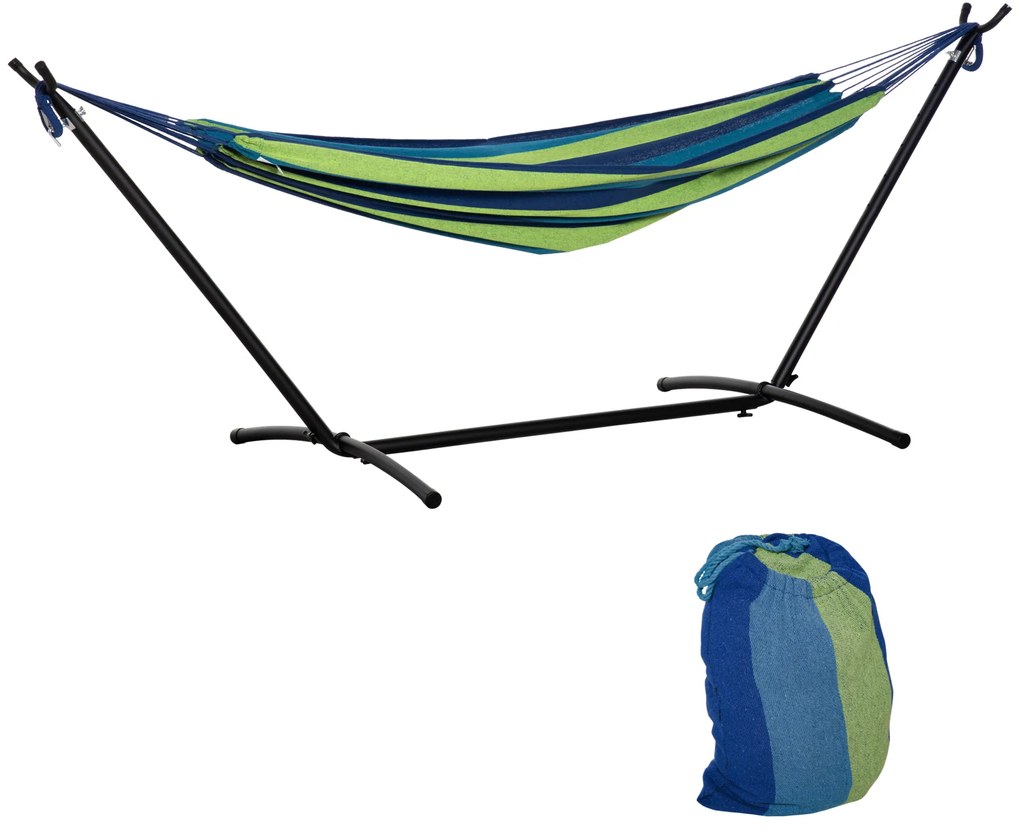 Outsunny Cama Rede com Suporte 310x117 cm com Bolsa de Transporte Altura Ajustável Capacidade 120 kg para Campismo Pátio Verde e Azul