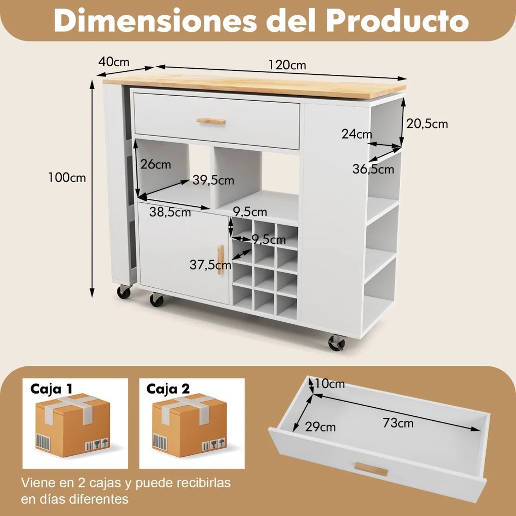 Carrinho de cozinha 2 em 1  com tampa de madeira Estante Suporte para garrafas Gaveta 120 x 40 x 100 cm Branco