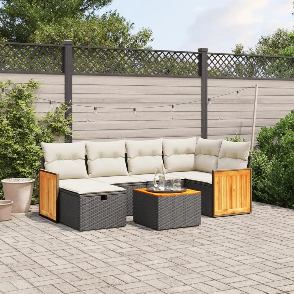 7 pcs conjunto de sofás p/ jardim c/ almofadões vime PE preto