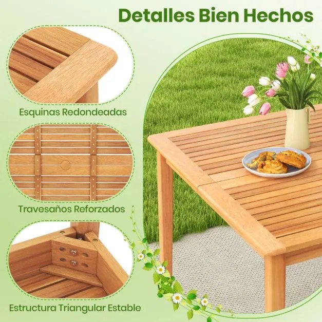 Mesa de jantar jardim exterior para 4 pessoas quadrada 100 cm com orifício para guarda-sol de 5 cm Natural