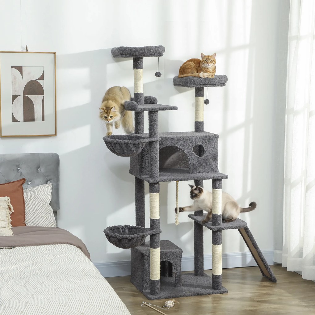 Arranhador para gatos com torre de brincadeiras, arranhador, 3 camas, 2 compartimentos abertos, plataformas e 3 brinquedos suspensos; altura: 174 cm;