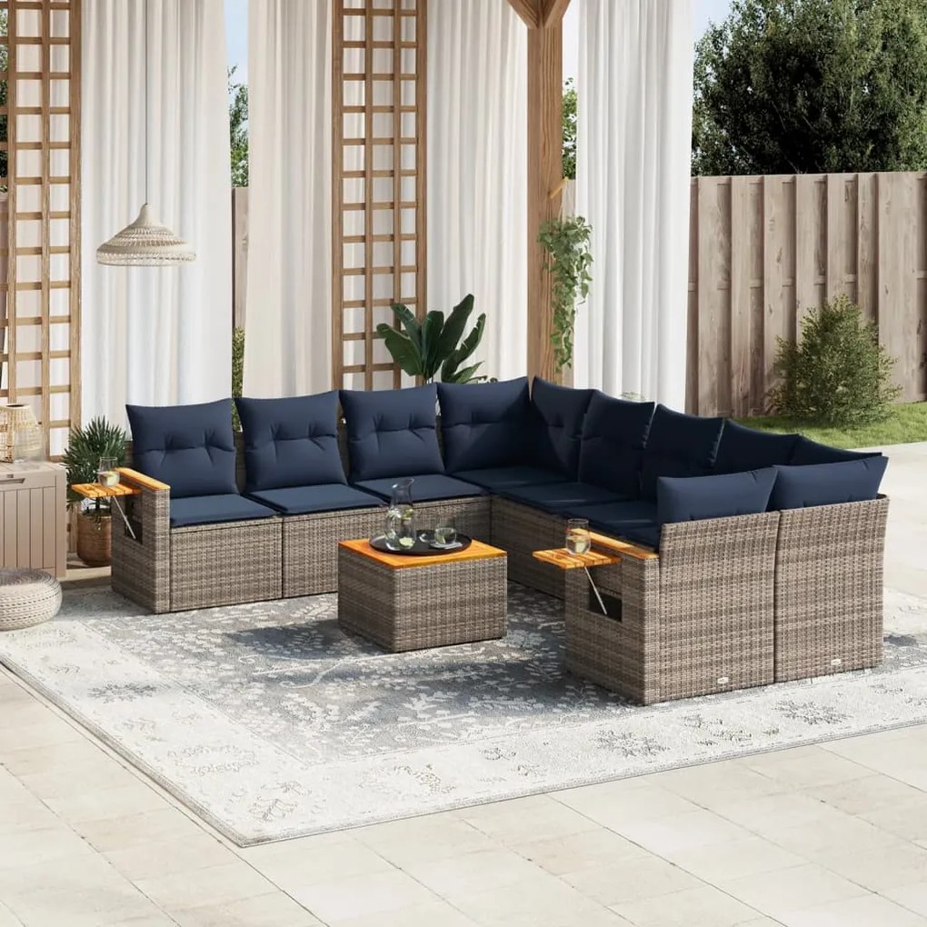 9 pcs conjunto sofás p/ jardim c/ almofadões vime PE cinzento