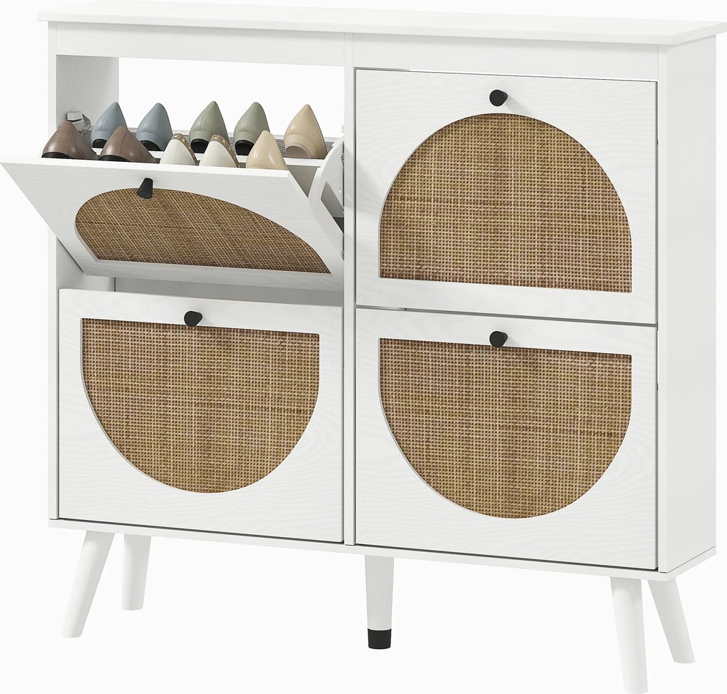 Sapateira com 4 portas, capacidade para 20 pares, prateleiras ajustáveis, estilo boémio, pés em madeira maciça, 105 x 24 x 97,5 cm, branco