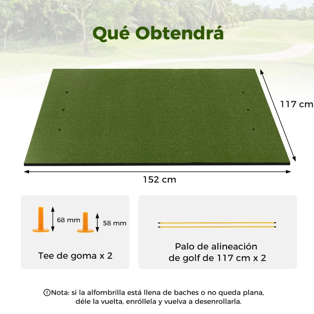 Tapete de golfe de relva sintética 3 em 1, 2 bastões de alinhamento 152 x 117 x 2 cm Verde