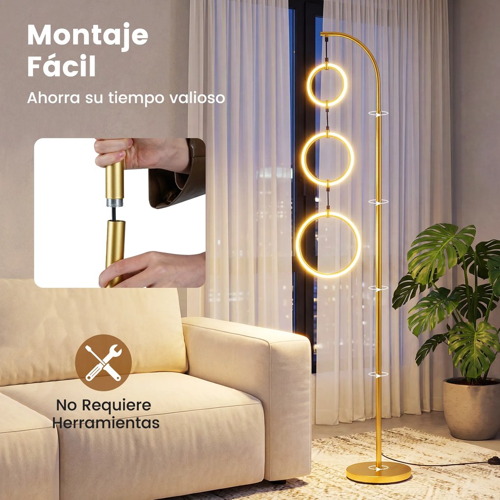 Candeeiro de pé LED de 180 cm com 3 anéis, 3 temperaturas de cor, intensidade ajustável e interruptor, com base pesada, para sala, quarto e escritório