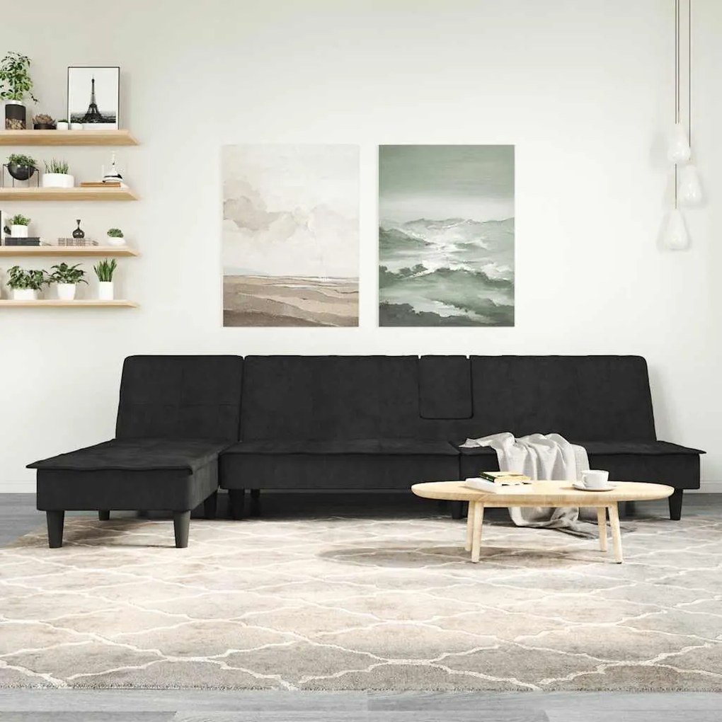 Sofá-cama em forma de L 255x140x70 cm veludo preto