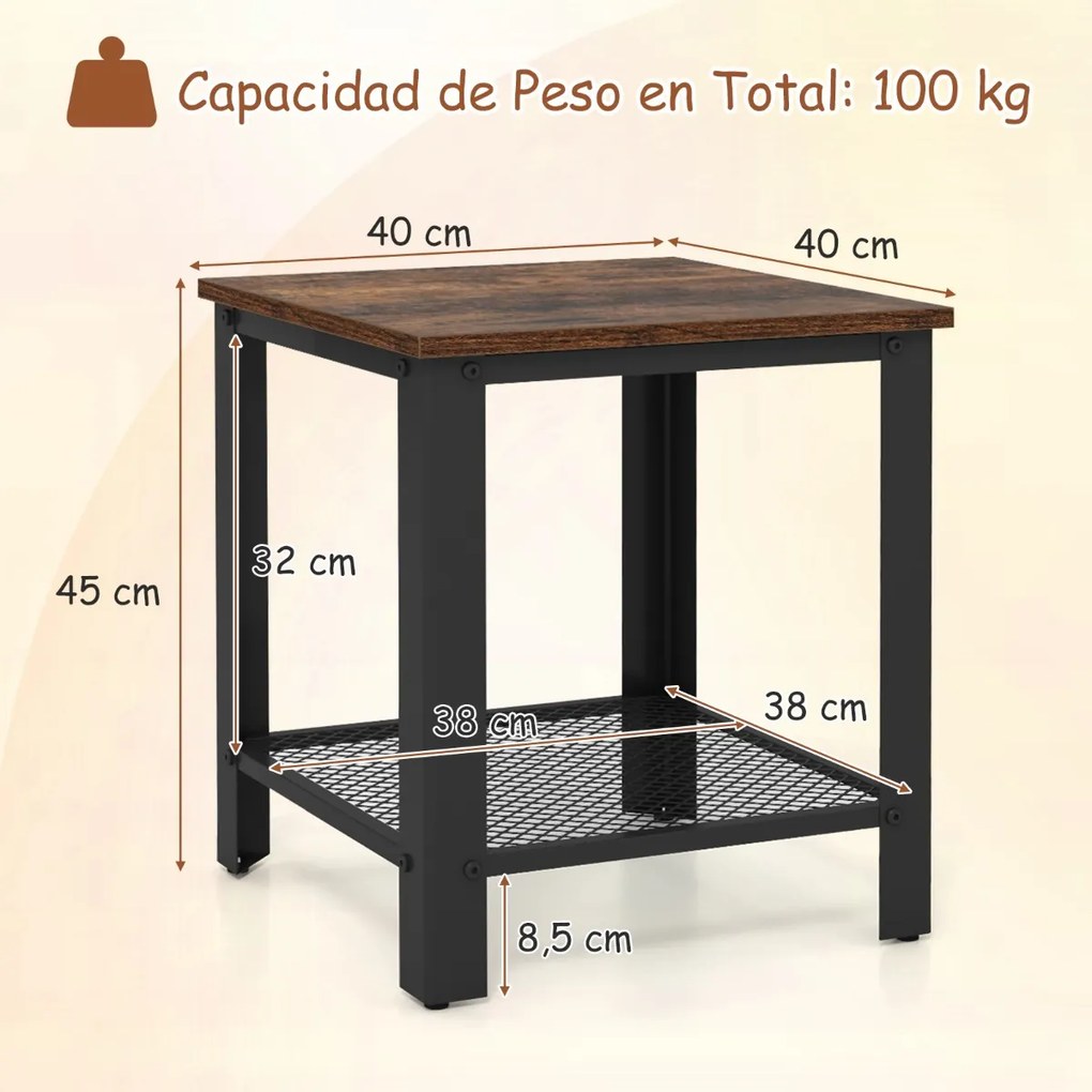 Mesa de apoio, mesa cabeçeira de 2 níveis quadrada com estante de rede Estrutura metálica Mesa de cabeceira com estrutura metálica para sala de estar