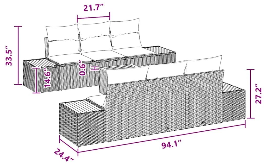 Conjunto de Sofá de Jardim vidaXL de 7 Peças com Almofadas Preto Ratta