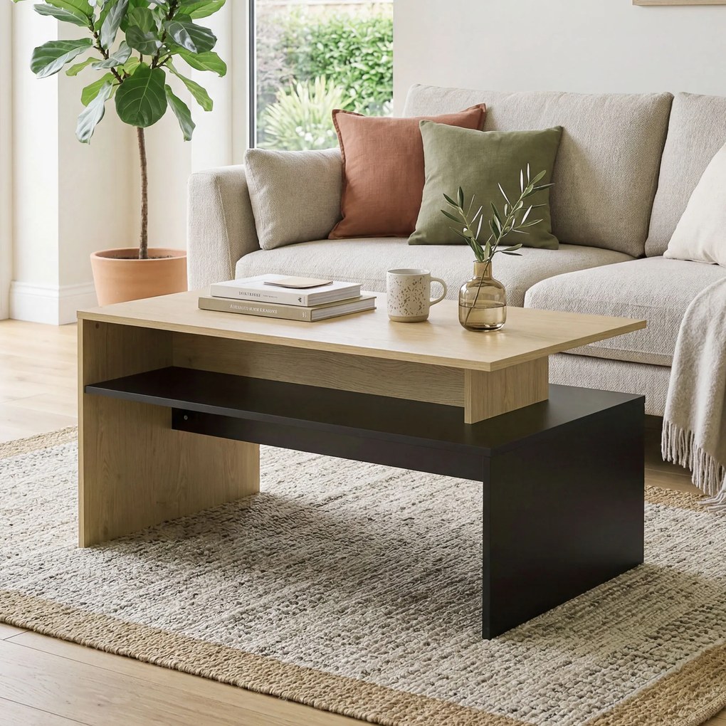 Mesa de centro 95 x 55 x 50 cm moderna bicolor com níveis deslocados e prateleira de arrumação , cor madeira natural e preta