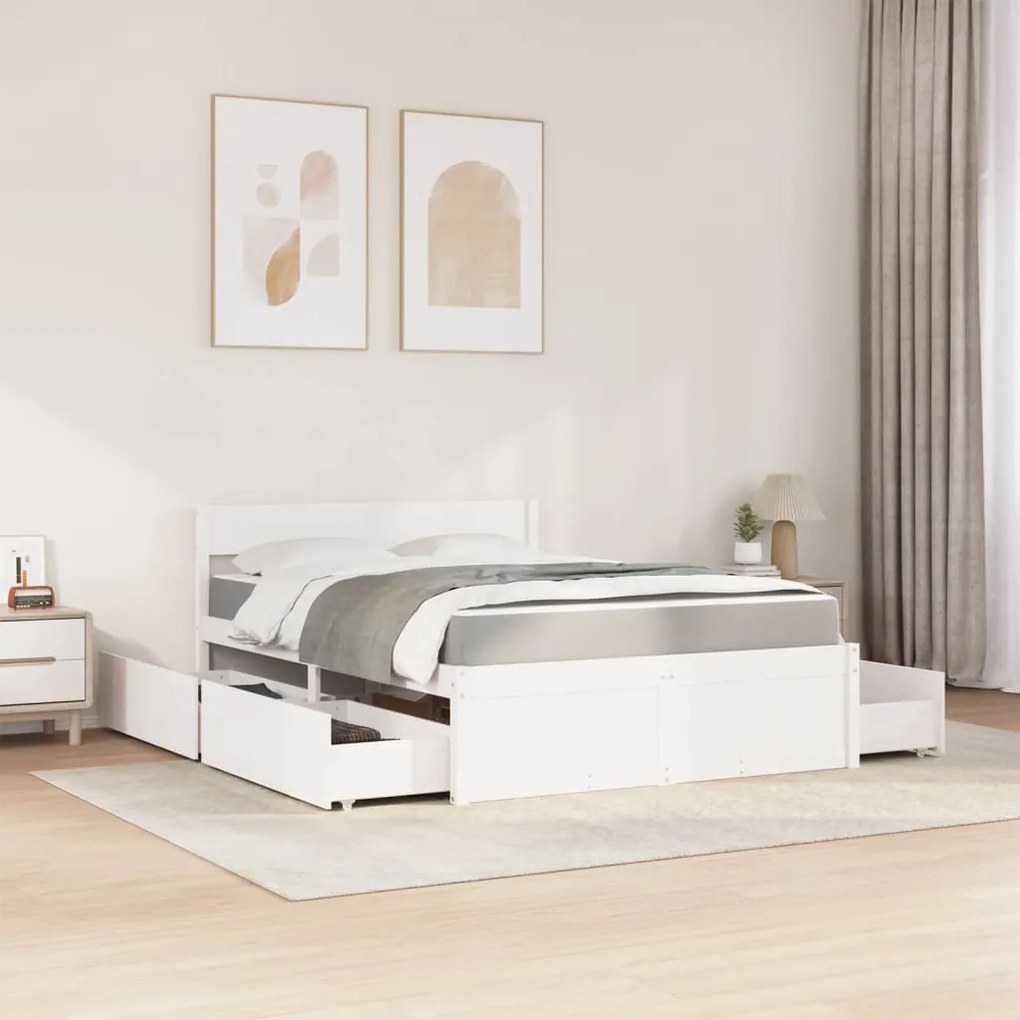 Cama com gavetas e colchão 140x190 cm pinho maciço branco
