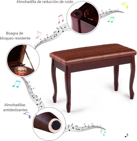 Banco de madeira para piano com almofada almofadada e compartimento para livros e acessórios 75 x 35 x 49 cm Castanho