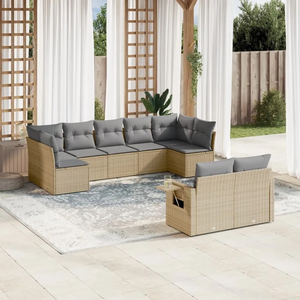9 pcs conjunto de sofás p/ jardim com almofadões vime PE bege