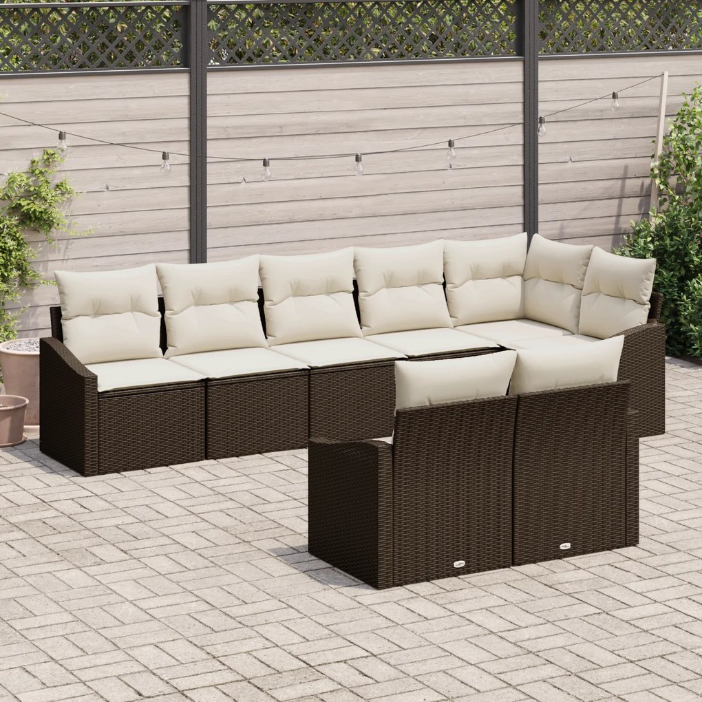 Conjunto de Jantar de Jardim 8 Peças com Almofadas Castanho Polirattan