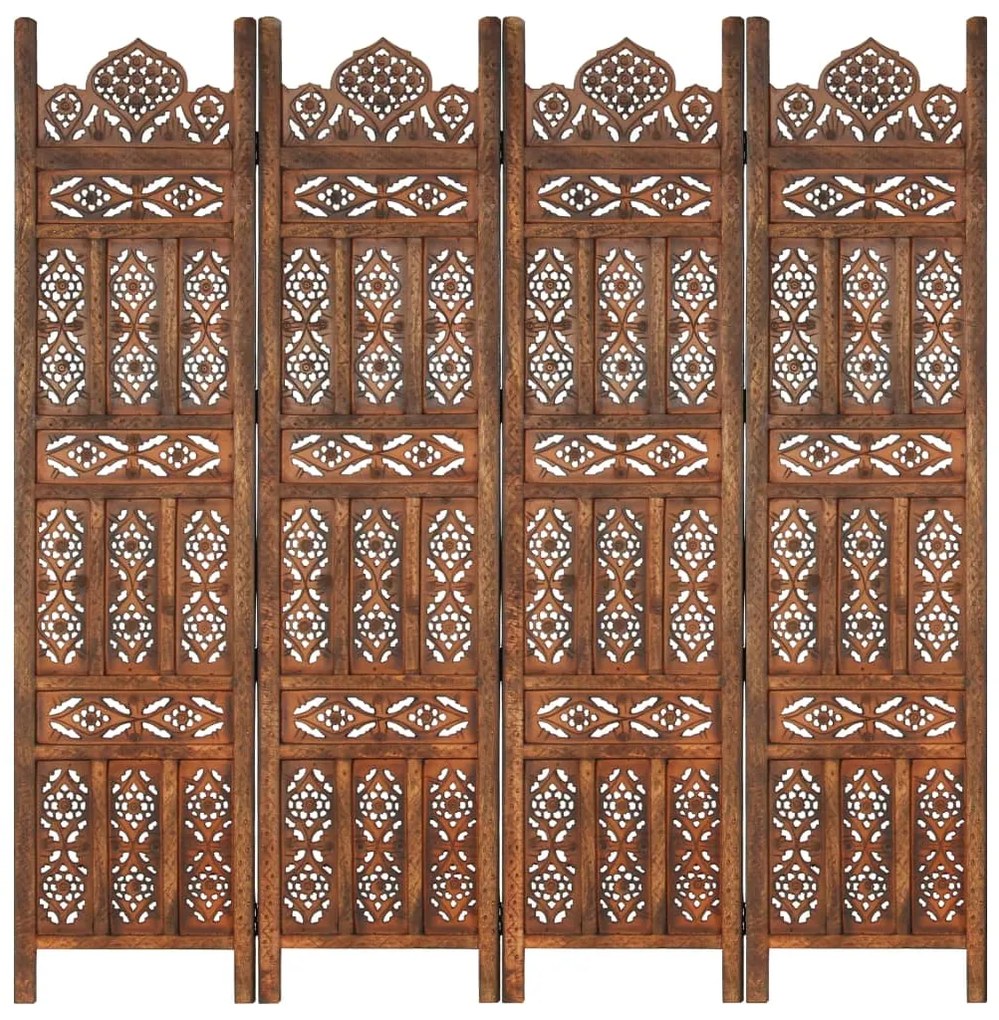 vidaXL Biombo esculp mão 4 painéis 160x165cm mangueira maciça castanho