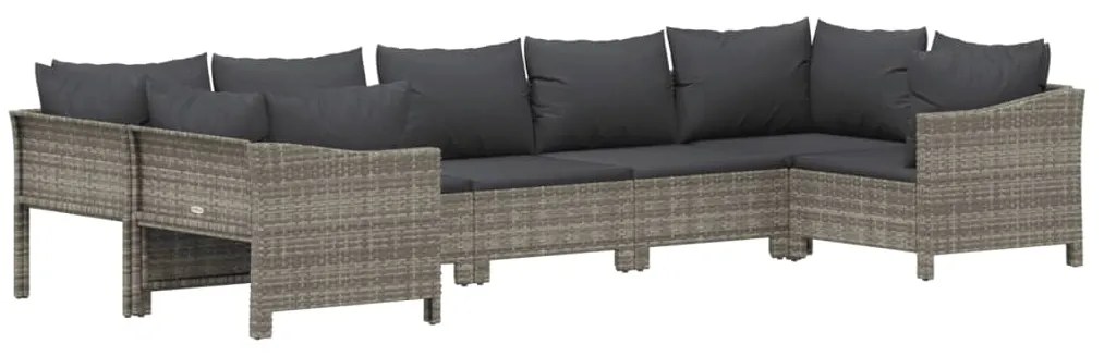 7 pcs conjunto lounge de jardim c/ almofadões vime PE cinzento
