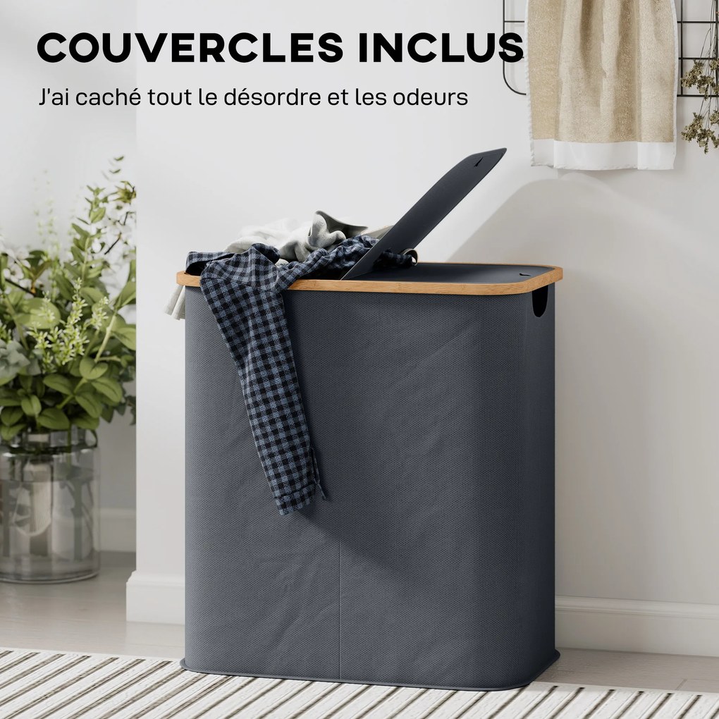 Cesto de roupa suja dobrável de dupla capacidade 54 x 34 x 58,5 cm, 80 L, com tampa e pegas ranhuradas, cinzento