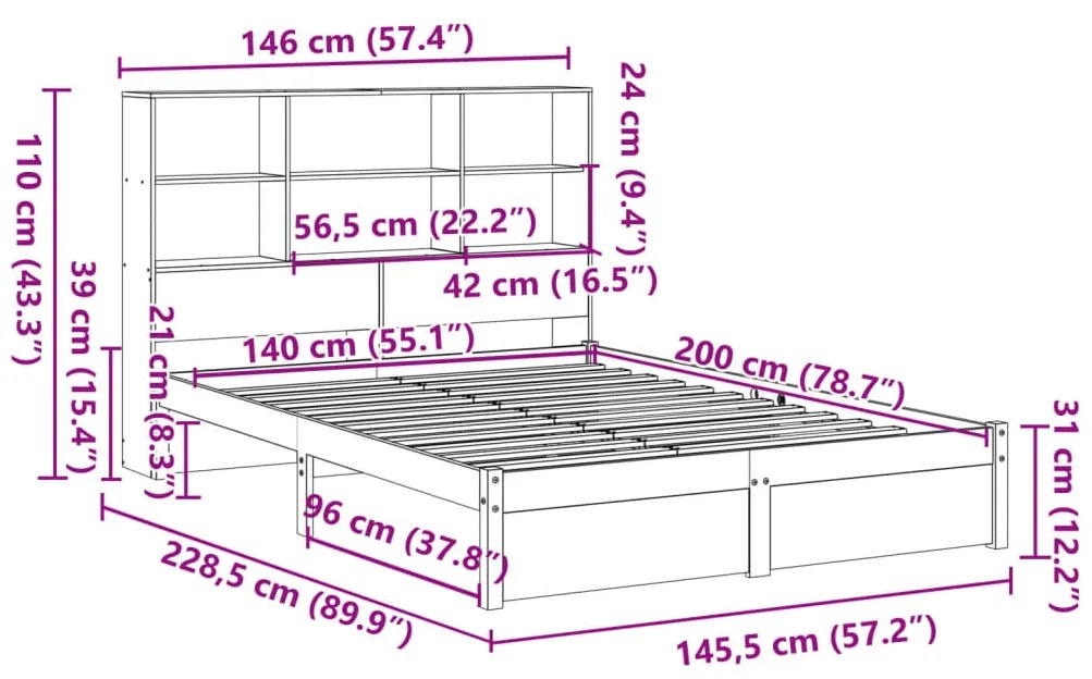 Cama com estante sem colchão 140x200 cm pinho maciço