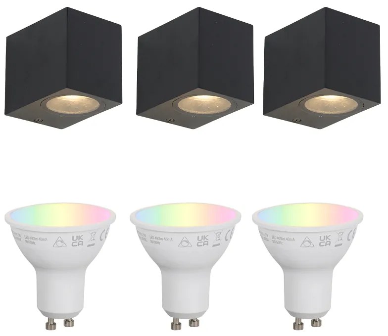 LED Conjunto de 3 Candeeiros de Parede Inteligentes Preto GU10 50mm IP44 - Baleno Moderno