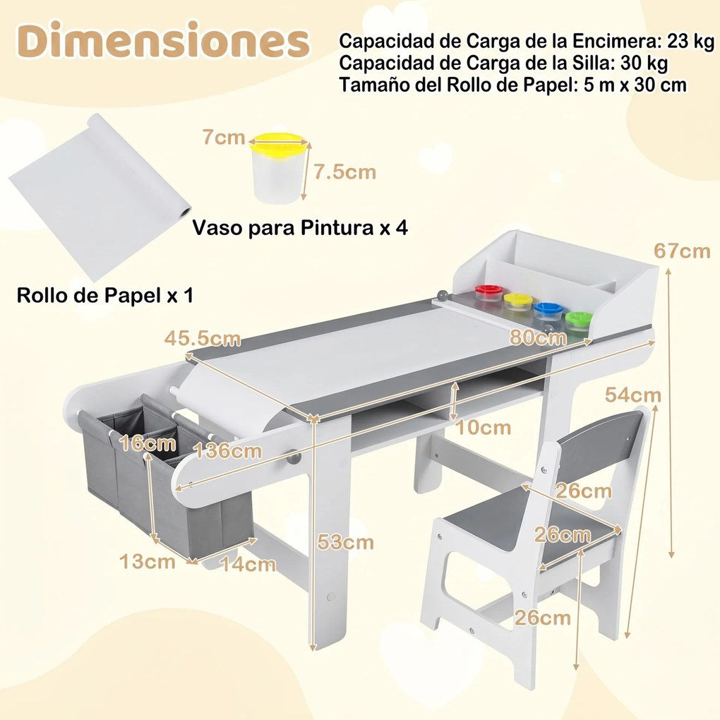 Conjunto de Mesa de Arte Infantil e Cadeira, 136 x 45,5 x 67 cm, Rolo de Desenho, Cinzento+Branco