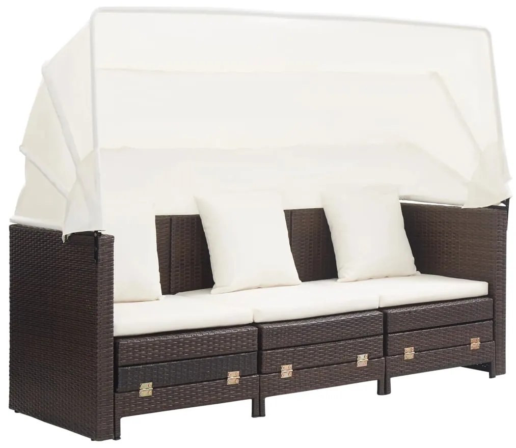 Espreguiçadeira extensível 3 lugares com toldo vime PE castanho