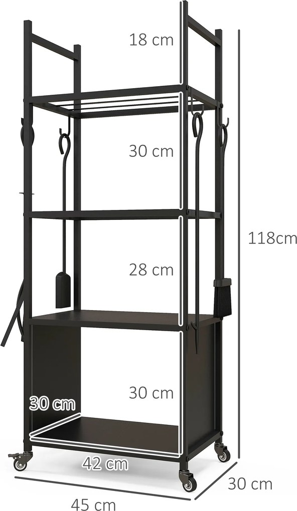 Suporte para Lenha com Rodas de 4 Níveis com Pá Escova Atiçador e Tenaz para Interior e Exterior 45x30x118 cm Preto