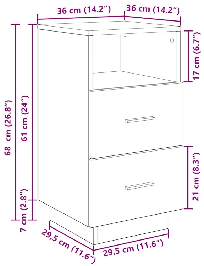 Mesa de cabeceira com 2 gavetas 36x36x68 cm carvalho fumado