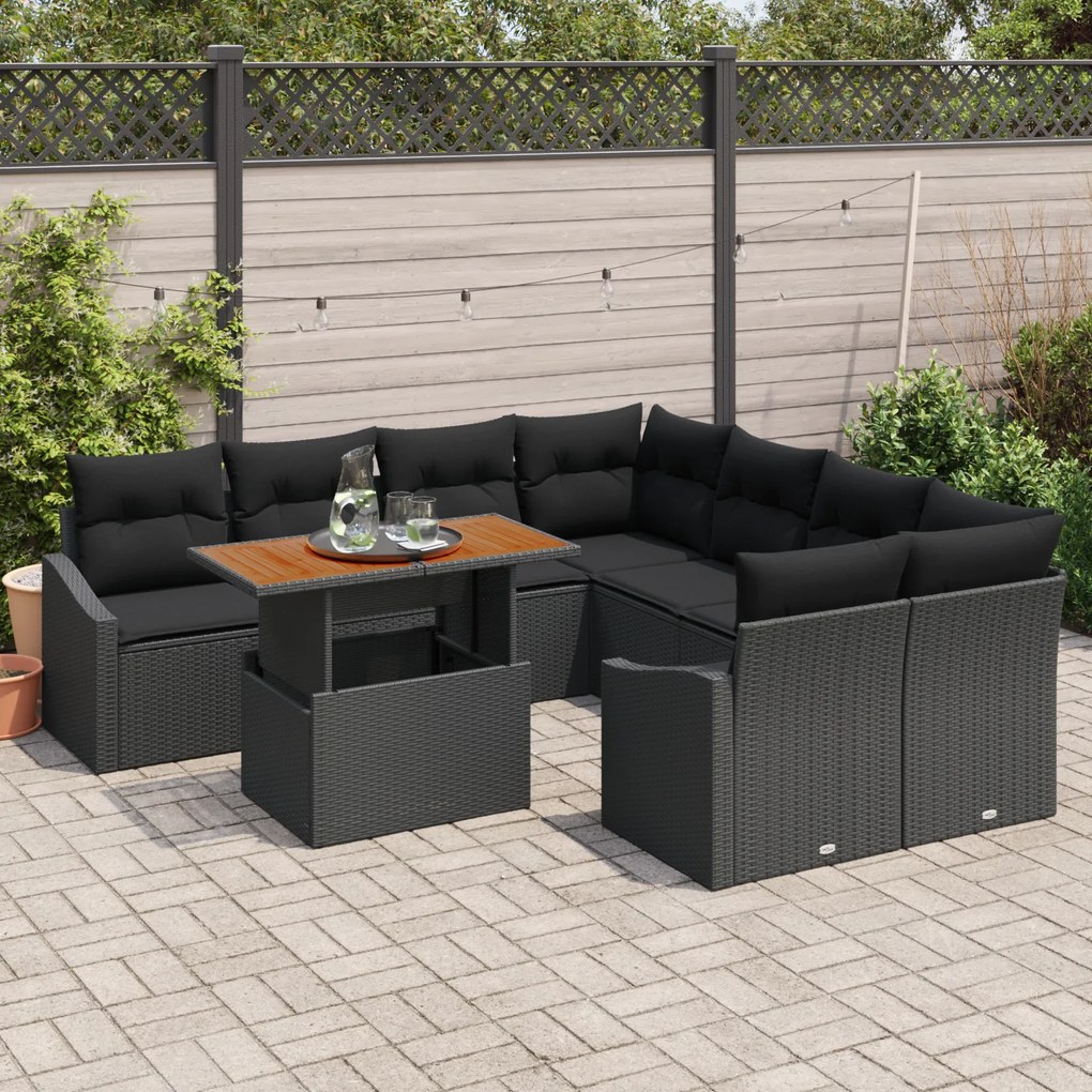 Conjunto de Sofá de 9 Peças com Almofadas Preto Rattan PE