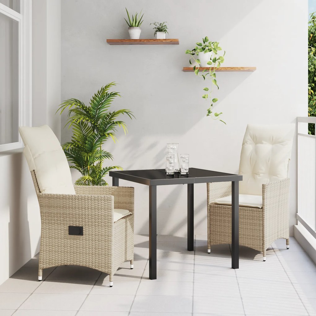 vidaXL Conjunto de Jantar de Jardim 3 Peças com Almofadas Bege Rattan Poliéster