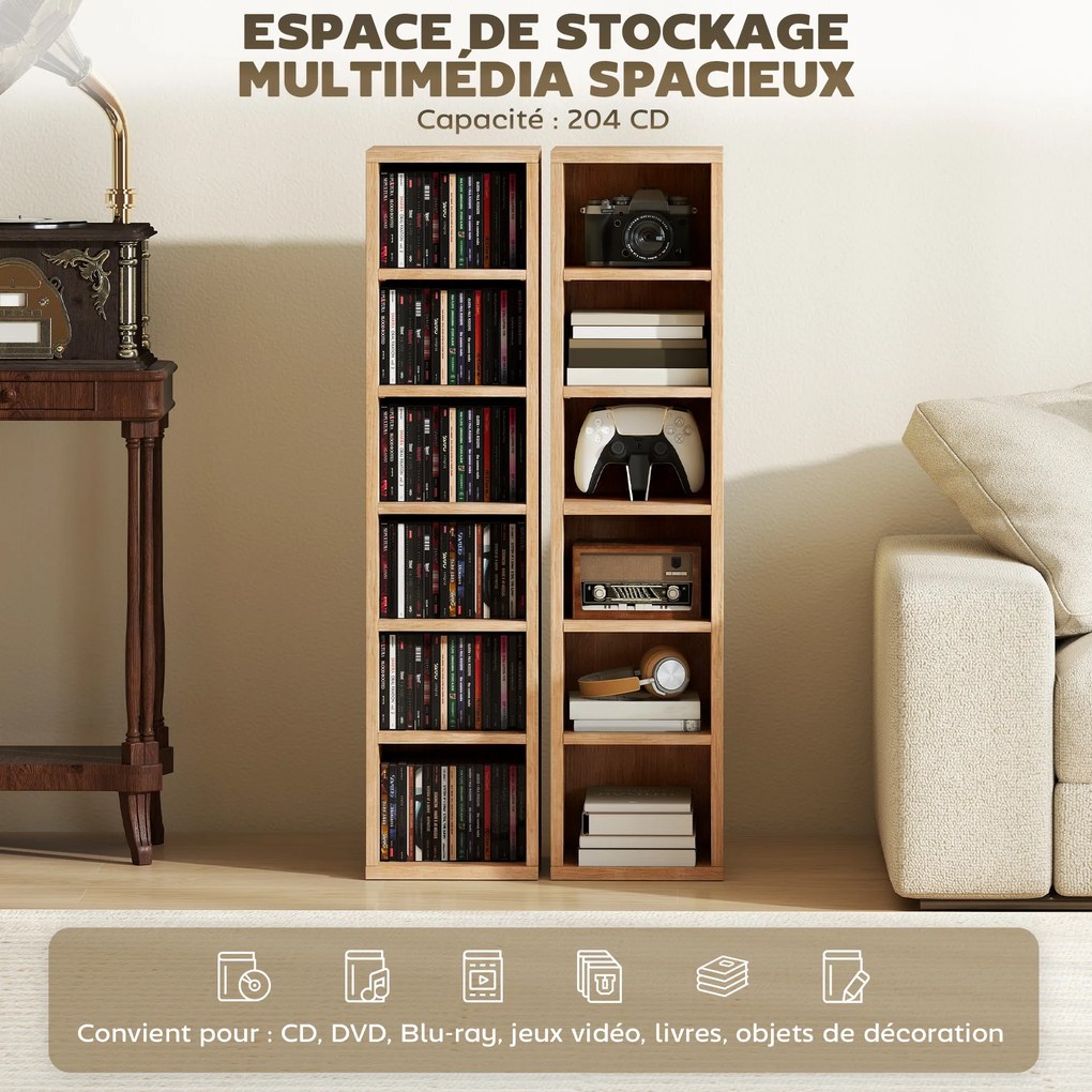 Conjunto de 2 prateleiras verticais para arrumação de CDs e DVDs, com 12 compartimentos, 21 x 22,5 x 88,5 cm, capacidade para 204 CDs, em madeira natu