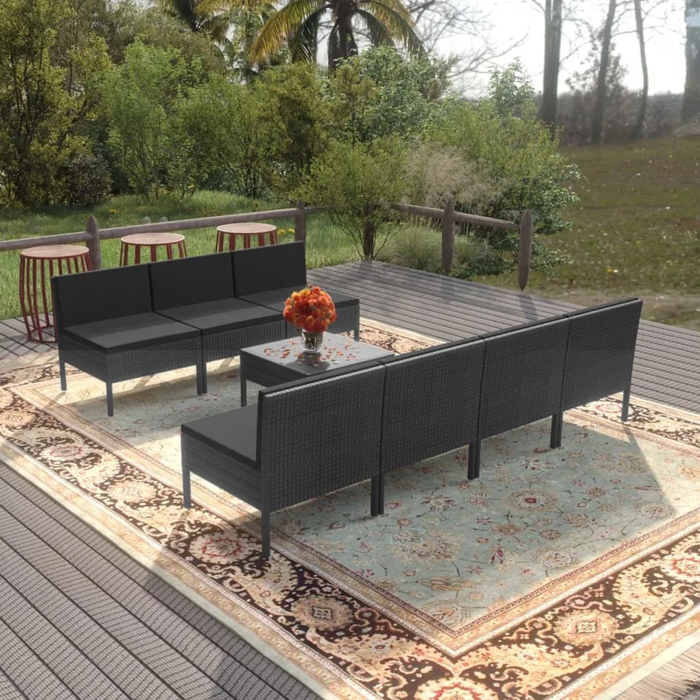 vidaXL 8 pcs conjunto lounge de jardim c/ almofadões vime PE preto