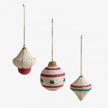 Conjunto De 3 Enfeites Artesanais De Natal Em Papel Machê Bemot Beige Creme - Sklum