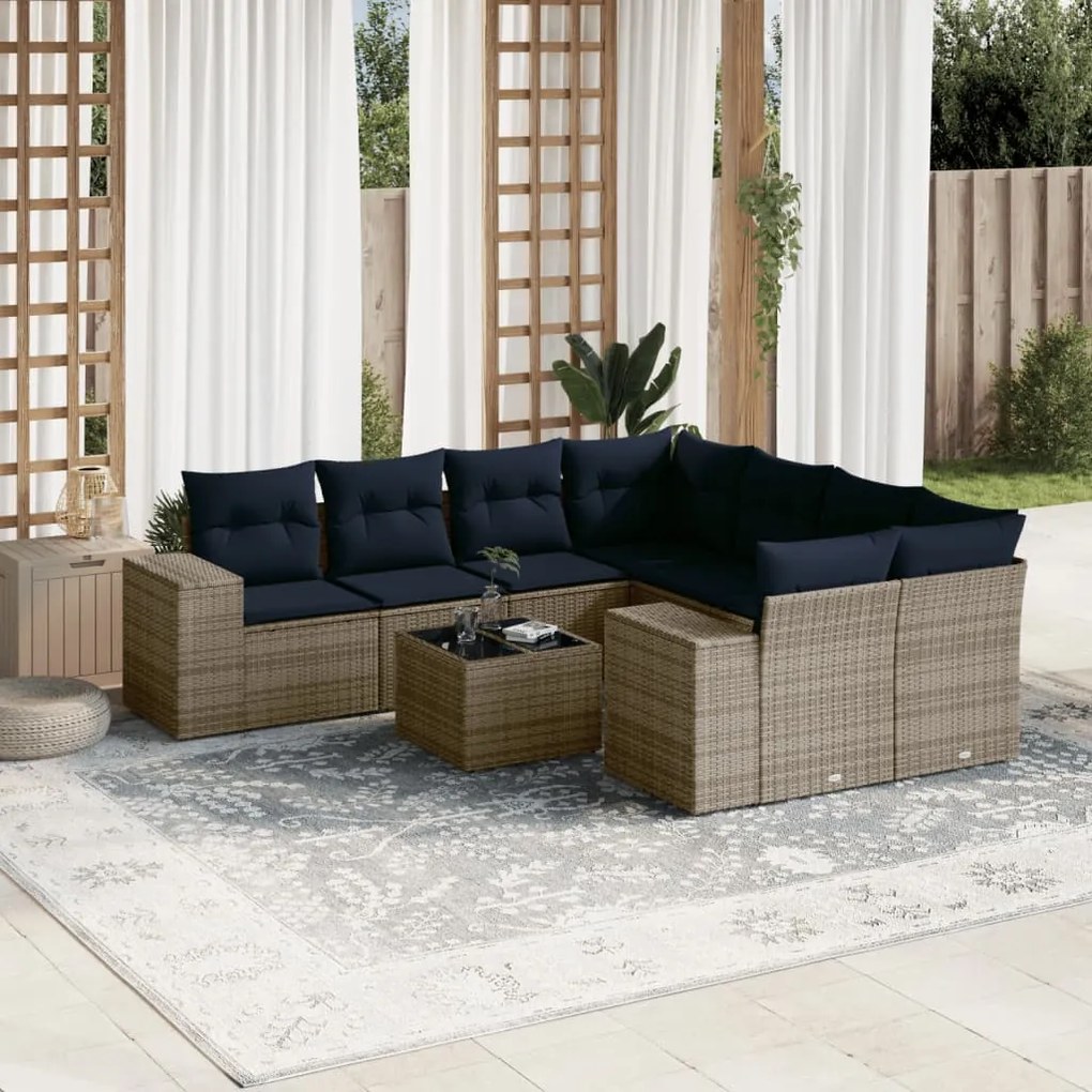 vidaXL 9 pcs conjunto sofás p/ jardim c/ almofadões vime PE cinzento