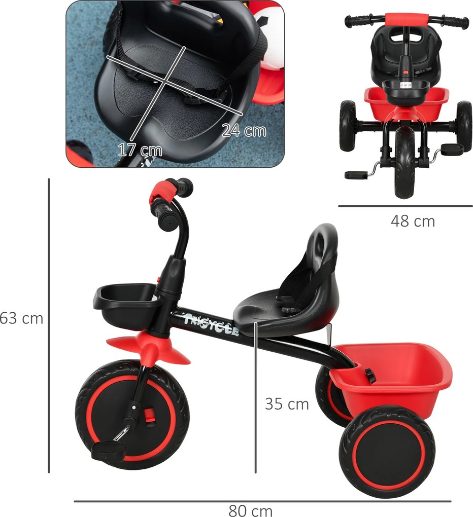 Triciclo evolutivo para crianças com assento ajustável, pedais, 2 cestos e cinto de segurança, para crianças dos 2 aos 5 anos, vermelho e preto