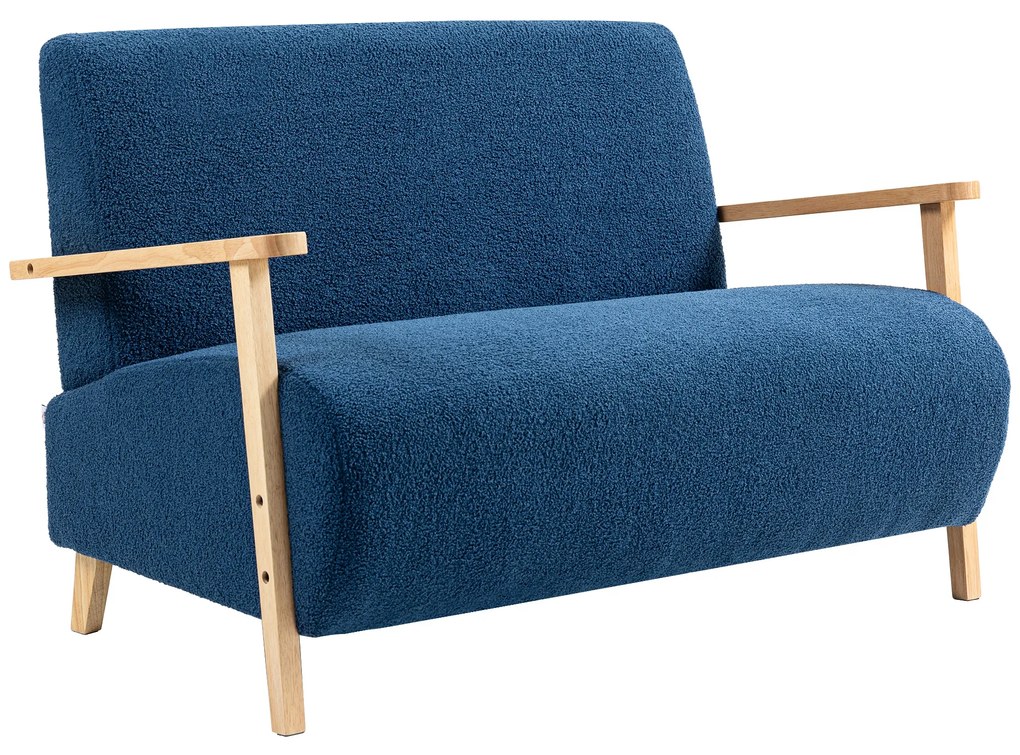 HOMCOM Sofá de 2 Lugares Estofado em Borreguito com Acolchoado Espesso Apoios de Braço e Pés de Madeira 118x76x78 cm Azul | Aosom Portugal