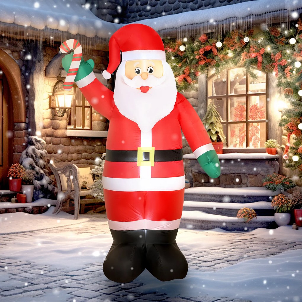 Pai Natal Insuflável 240 cm com Bastão Luzes LED e Inflador Elétrico Decoração Natalícia para Exteriores e Interiores Multicor