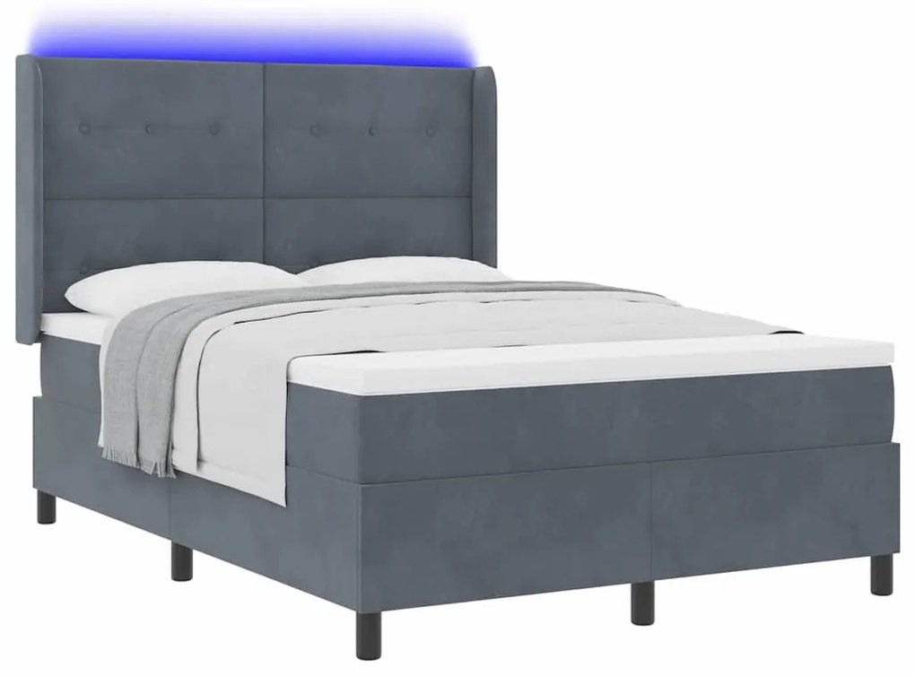 Cama Box Spring com Colchão e LED Cinza Escuro 160x200 cm Veludo
