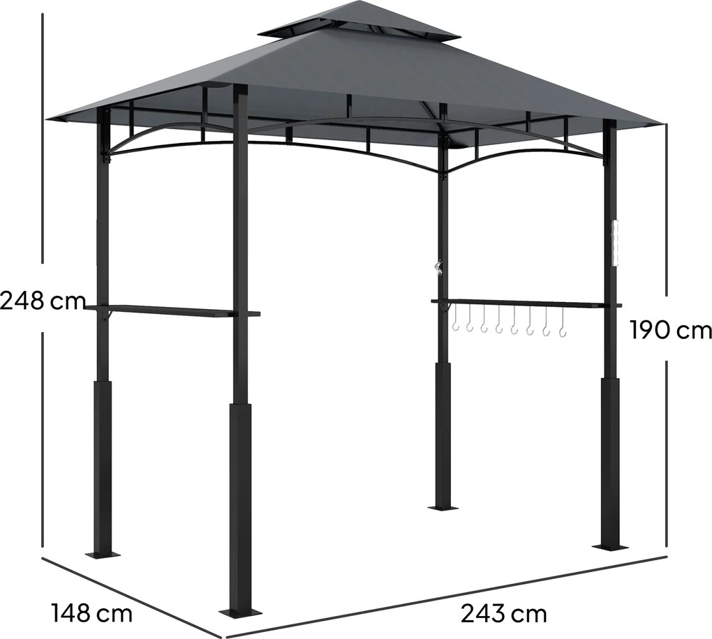 Tenda para churrasco de dois andares com cobertura para jardim e iluminação LED, 240 x 150 x 250 cm(GRELHADOR NÃO INCLUIDO), cinzento escuro