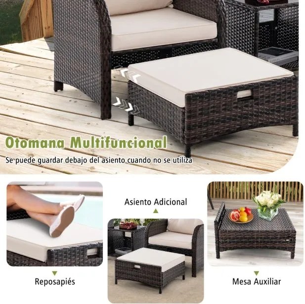 Conjunto de jardim de rattan de 5 peças com 2 cadeiras 2 Pufes Mesa de centro de vidro temperado Almofadas macias mistura de castanho e Bege