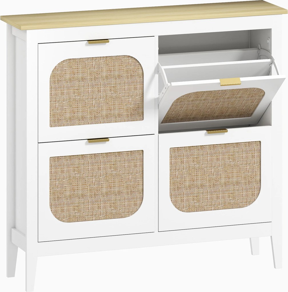 HOMCOM Sapateira Estreita com 4 Portas em Vime e Prateleiras Ajustáveis para 20 Pares de Sapatos 105x24x95,5 cm Branco | Aosom Portugal